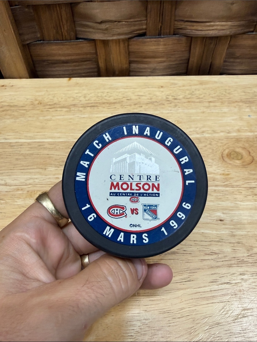 Centre Molson 1996 Match Inaugural Hockey NHL Puck - Blue/White/Red